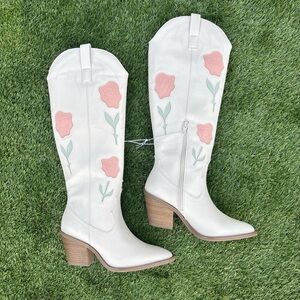 NWT Women's White Western Knee-High Boots with Pink Floral Appliqué